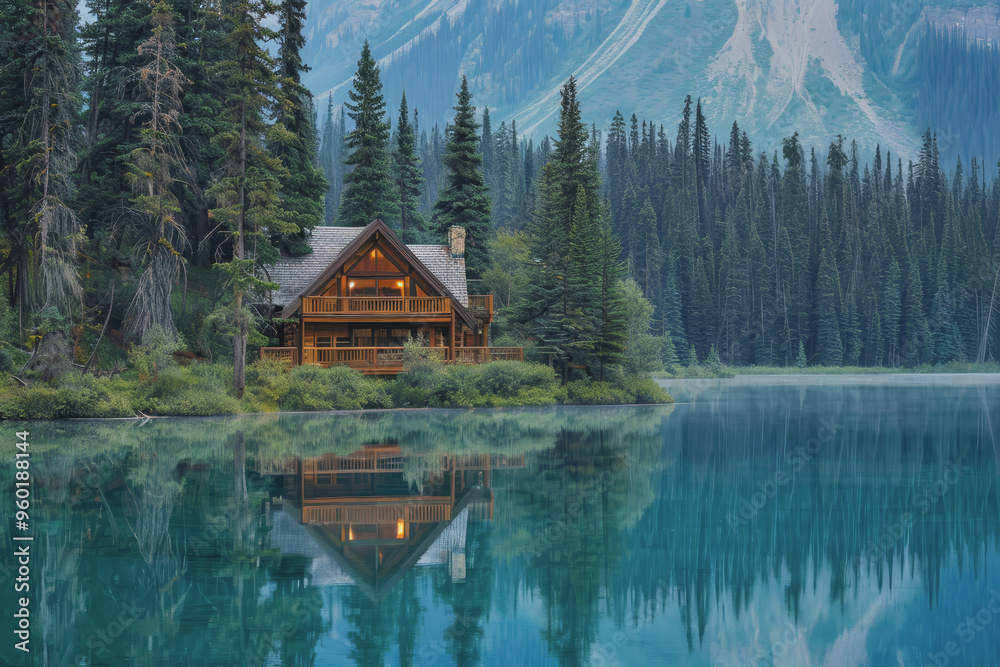 Fototapeta premium Lakeside cabins nestled among towering pines. The image is reflected in the calm waters.