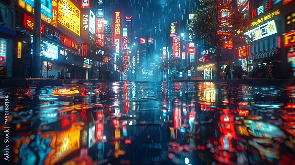 3D Rendering of billboards and advertisement signs at modern buildings in capital city with light reflection from puddles on street. Concept for night life, never sleep business district center 3D Rendering of billboards and advertisement signs at modern buildings in capital city with light reflection from puddles on street. Concept for night life, never sleep business district center