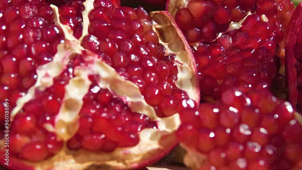 Juicy ripe pomegranate grains are falling down in slow motion. High quality 4k footage