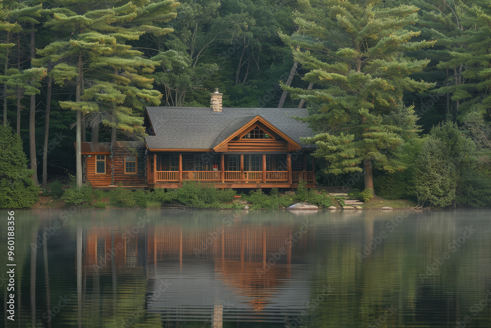 Lakeside cabins nestled among towering pines. The image is reflected in the calm waters. Lakeside cabins nestled among towering pines. The image is reflected in the calm waters.