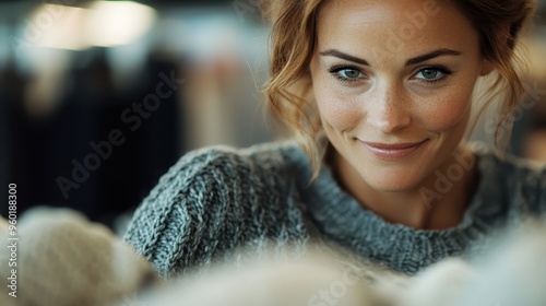 A woman in a cozy sweater smiles warmly, captured in a comfortable indoor setting, evoking a sense of warmth, comfort, and contentment.