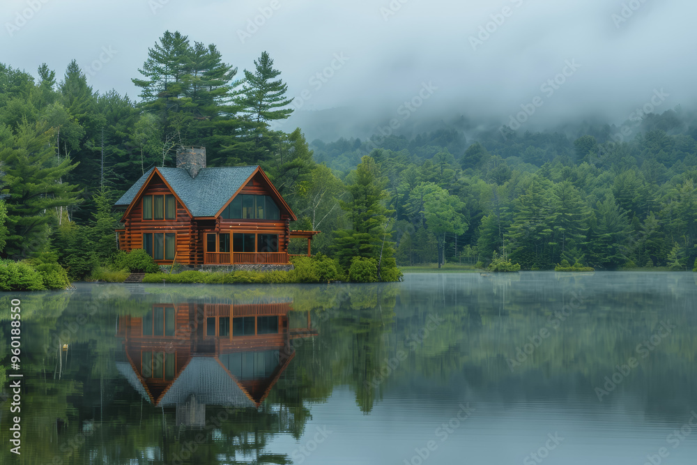 Lakeside cabins nestled among towering pines. The image is reflected in the calm waters. Lakeside cabins nestled among towering pines. The image is reflected in the calm waters.