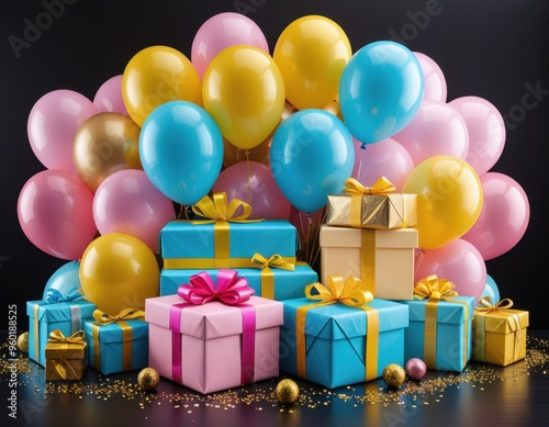 A joyful birthday setting features a pile of beautifully wrapped gifts in shiny paper photo