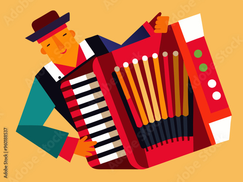 Vector illustration of Red accordion playing traditional folk music instrument 
