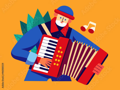 Vector illustration of Red accordion playing traditional folk music instrument 
