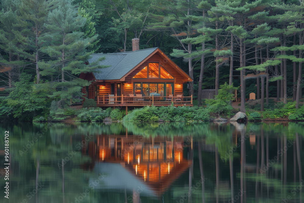 Lakeside cabins nestled among towering pines. The image is reflected in the calm waters. Lakeside cabins nestled among towering pines. The image is reflected in the calm waters.