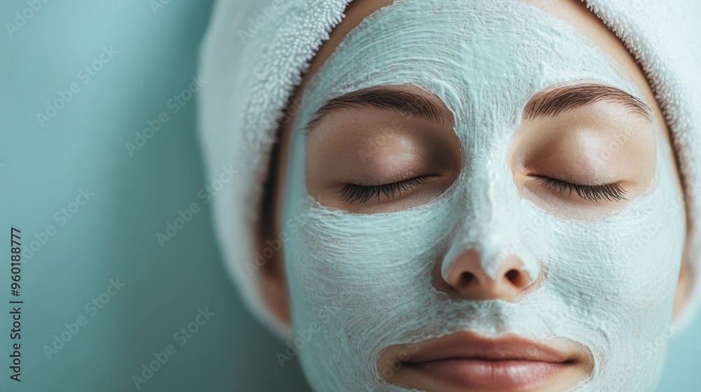 A woman rests cozily with a white face mask and towel wrapped around her head, illustrating serene relaxation and skincare routine in a minimalist, clean spa setting. A woman rests cozily with a white face mask and towel wrapped around her head, illustrating serene relaxation and skincare routine in a minimalist, clean spa setting.