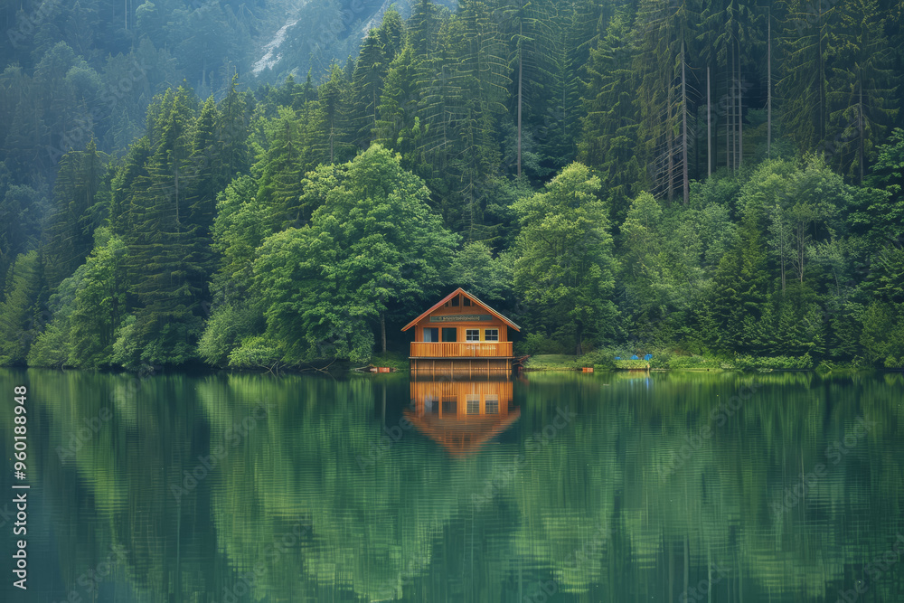 Obraz premium Lakeside cabins nestled among towering pines. The image is reflected in the calm waters.