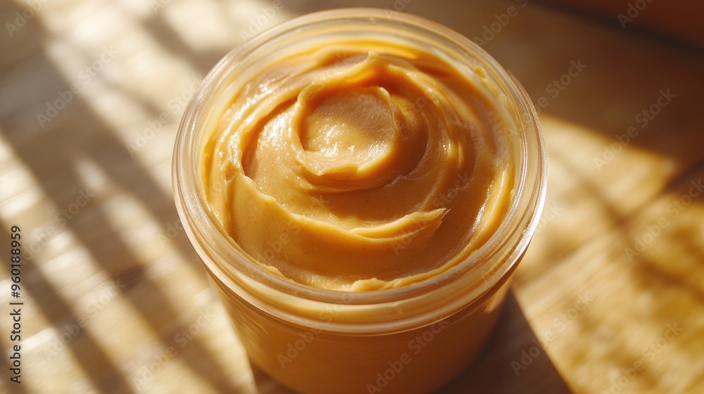 Textured Peanut Butter in Transparent Glass Jar Textured Peanut Butter in Transparent Glass Jar
