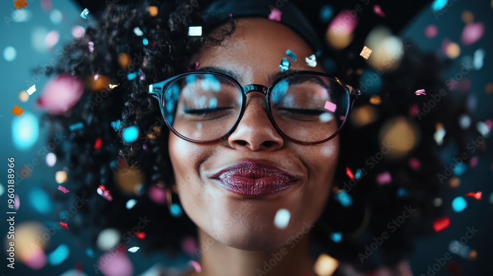A woman with glasses joyfully celebrates as confetti falls around her, eyes closed in elation. Her broad smile and festive atmosphere capture the essence of happiness and celebration. A woman with glasses joyfully celebrates as confetti falls around her, eyes closed in elation. Her broad smile and festive atmosphere capture the essence of happiness and celebration.