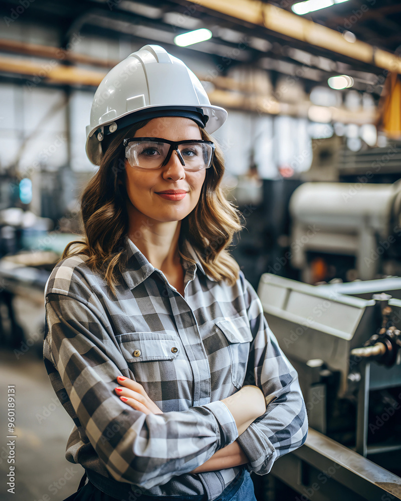 Portrait of smiling woman in factory, woman warehouse worker in a warehouse, logistics and storage distribution concept, job, female Portrait of smiling woman in factory, woman warehouse worker in a warehouse, logistics and storage distribution concept, job, female