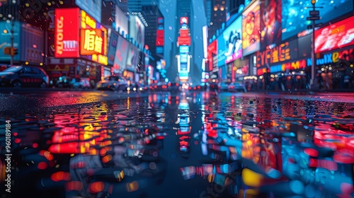 3D Rendering of billboards and advertisement signs at modern buildings in capital city with light reflection from puddles on street. Concept for night life, never sleep business district center