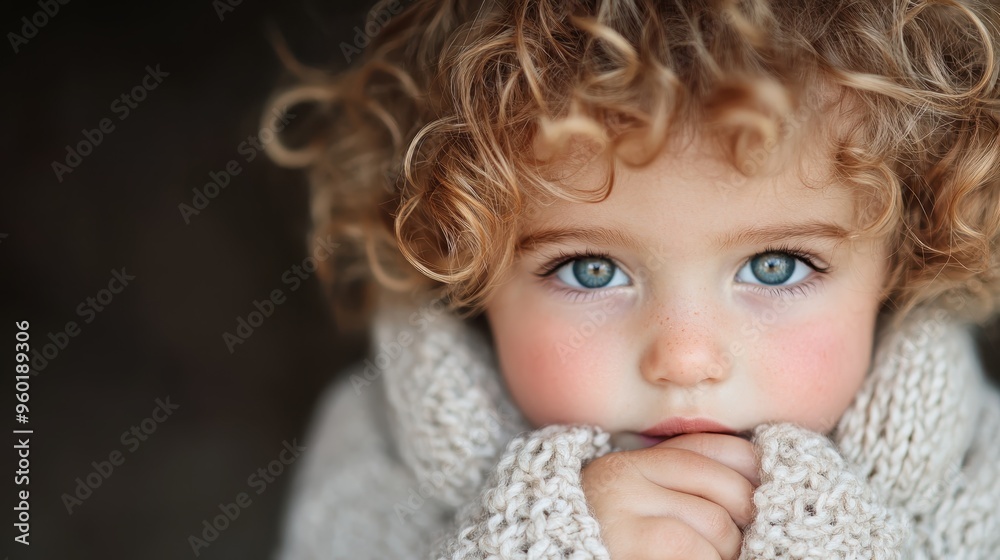 A close-up image of a young child with curly blonde hair, bright blue eyes, and a knitted sweater, creating a captivating and innocent expression.