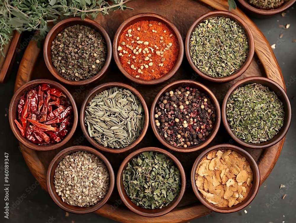 Aromatic Photo of Spices and Herbs in Wooden Bowls Aromatic Photo of Spices and Herbs in Wooden Bowls