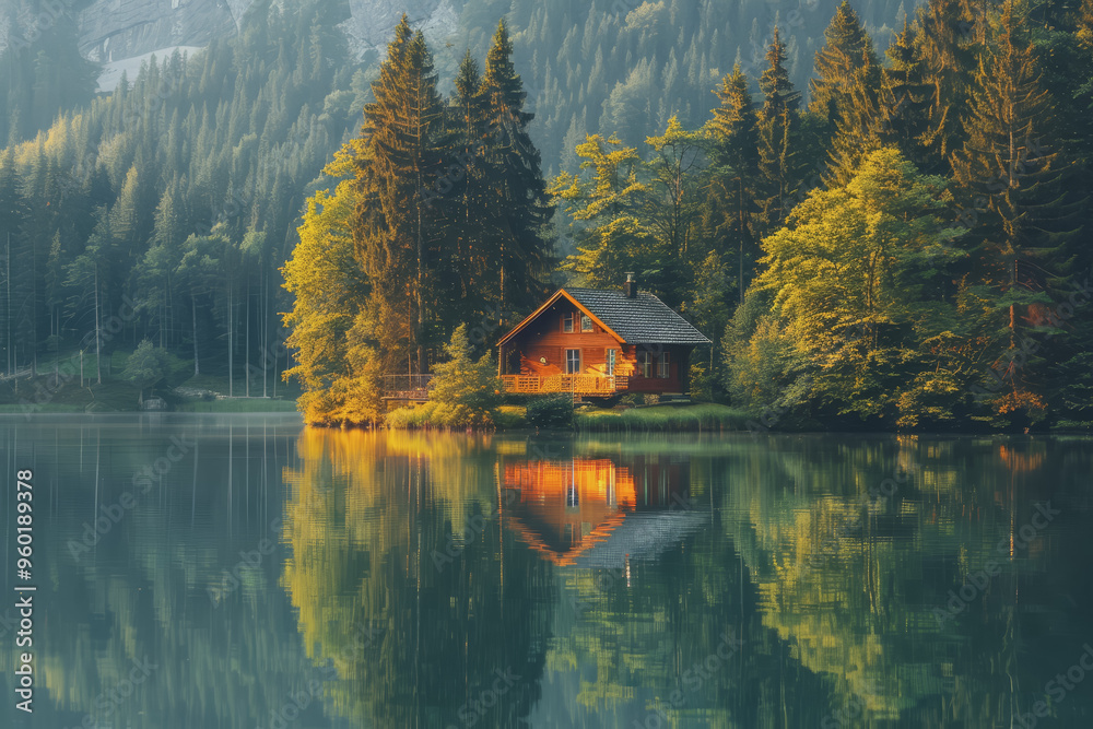Fototapeta premium Lakeside cabins nestled among towering pines. The image is reflected in the calm waters.