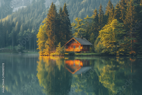 Lakeside cabins nestled among towering pines. The image is reflected in the calm waters.