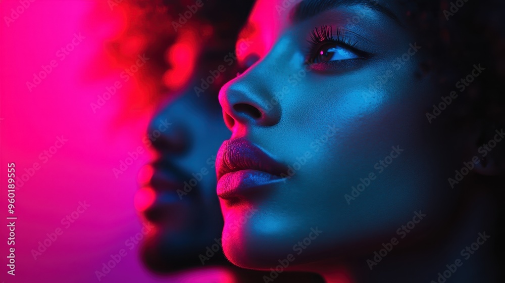 An abstract portrait featuring vibrant neon pink and blue lighting effects, creating a moody and artistic atmosphere blending modern aesthetics with a hint of mystery. An abstract portrait featuring vibrant neon pink and blue lighting effects, creating a moody and artistic atmosphere blending modern aesthetics with a hint of mystery.