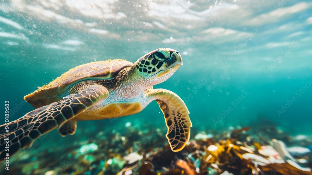 Sea turtle swimming through a polluted ocean with a close-up focus on the trash-filled surface and the turtle's detailed features highlighting environmental concerns Sea turtle swimming through a polluted ocean with a close-up focus on the trash-filled surface and the turtle's detailed features highlighting environmental concerns