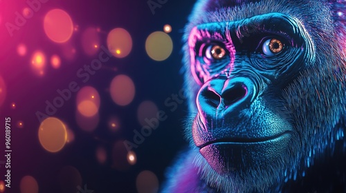 A vibrant, stylized portrait of a gorilla against a colorful, bokeh background.