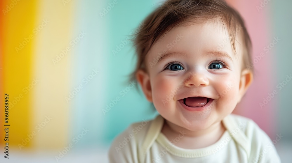 A close-up of a smiling baby with a rainbow-colored background, dressed in a light-colored outfit. The joyful expression highlights the innocence and happiness of early childhood. A close-up of a smiling baby with a rainbow-colored background, dressed in a light-colored outfit. The joyful expression highlights the innocence and happiness of early childhood.
