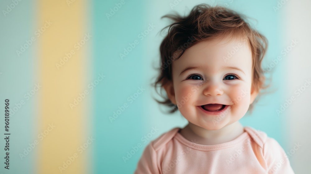 A close-up of a smiling baby with a colorful striped background. The baby is wearing a pink outfit and looking directly at the camera, capturing joy and innocence.