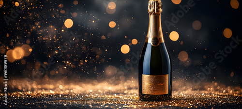 “A Bottle of Champagne with Sparkling Gold Particles, Capturing the Elegance and Celebration of Special Occasions, Ideal for Themes of Luxury, Toasting, and Festive Celebrations” 