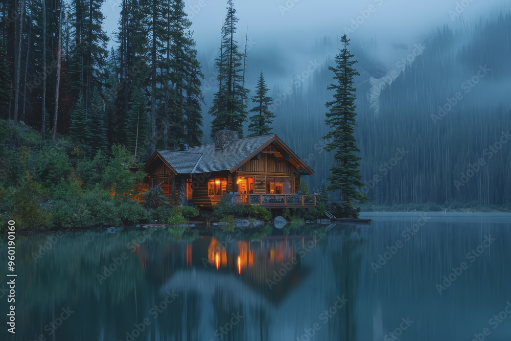 Fototapeta premium Lakeside cabins nestled among towering pines. The image is reflected in the calm waters.