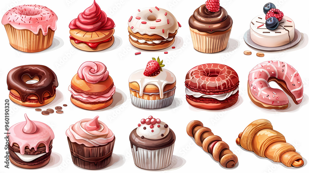 Various of sweets and desserts set and collection. chocolate cake, cupcakes, red velvet cake, apple pie, macarons, pretzel, donut, pastries, muffin, cookies, croissant. Bakery sweets isolated on white Various of sweets and desserts set and collection. chocolate cake, cupcakes, red velvet cake, apple pie, macarons, pretzel, donut, pastries, muffin, cookies, croissant. Bakery sweets isolated on white