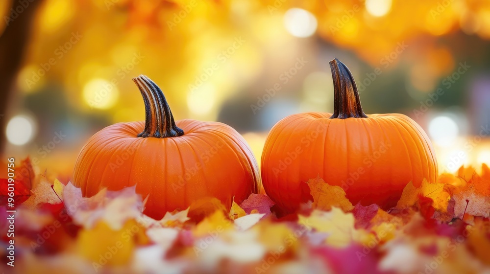 Naklejka premium Colorful Fall Maple Leaves and Pumpkins