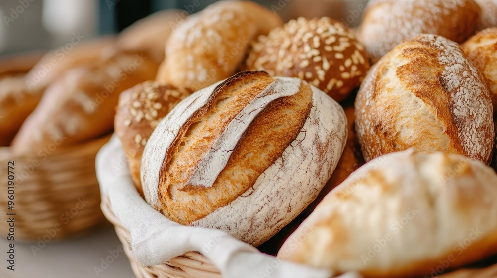 A collection of fresh bread varieties including sourdough and sesame rolls, arranged in a rustic basket. Aesthetic appeal for food photography and culinary storytelling. A collection of fresh bread varieties including sourdough and sesame rolls, arranged in a rustic basket. Aesthetic appeal for food photography and culinary storytelling.