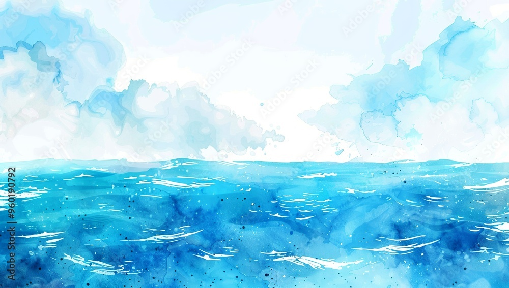 Watercolor ocean scene with blue waves and white clouds Watercolor ocean scene with blue waves and white clouds