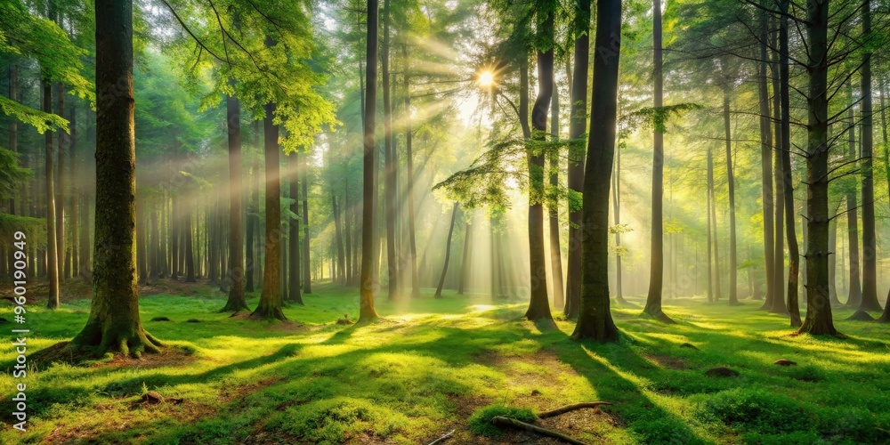 Obraz premium A serene forest clearing bathed in soft light