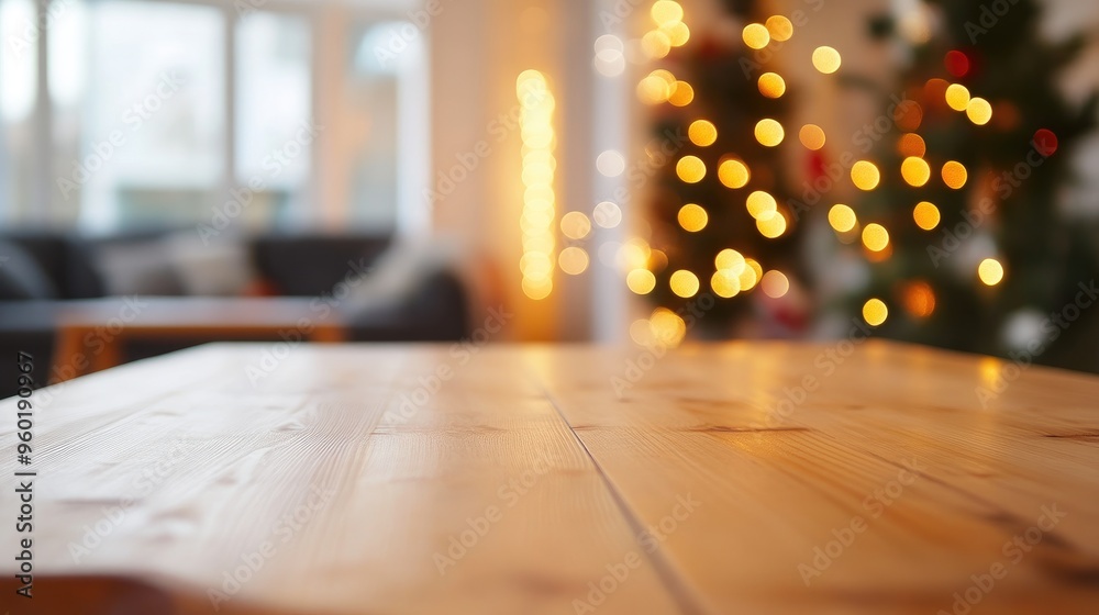 Festive Holiday Table Against Christmas Light Bokeh Festive Holiday Table Against Christmas Light Bokeh