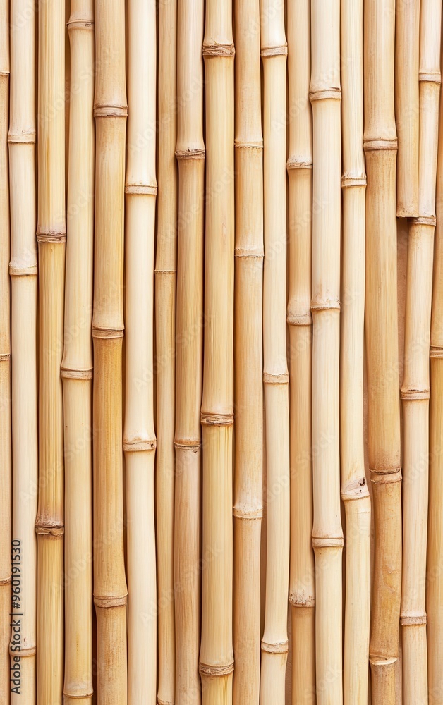 Naklejka premium A close-up view of a bamboo wall, showcasing the natural texture and warmth of bamboo material in a beautifully arranged pattern.