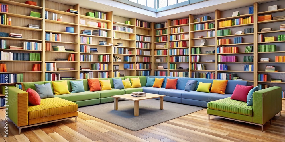 A modern library with rows of colorful books and cozy seating areas A modern library with rows of colorful books and cozy seating areas