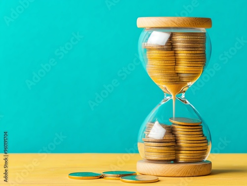 Hourglass with falling coins and a descending interest rate line, time and money metaphor photo