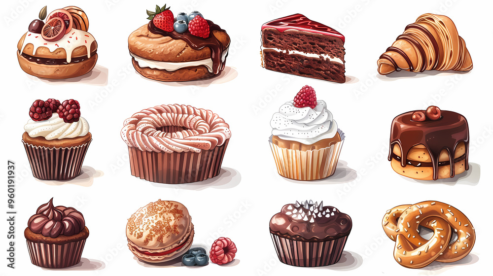 Various of sweets and desserts set and collection. chocolate cake, cupcakes, red velvet cake, apple pie, macarons, pretzel, donut, pastries, muffin, cookies, croissant. Bakery sweets isolated on white Various of sweets and desserts set and collection. chocolate cake, cupcakes, red velvet cake, apple pie, macarons, pretzel, donut, pastries, muffin, cookies, croissant. Bakery sweets isolated on white