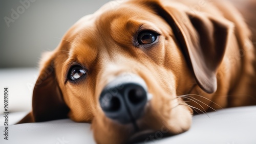 Close-up of a brown dog with floppy ears looking directly at the camera with a gentle expression.