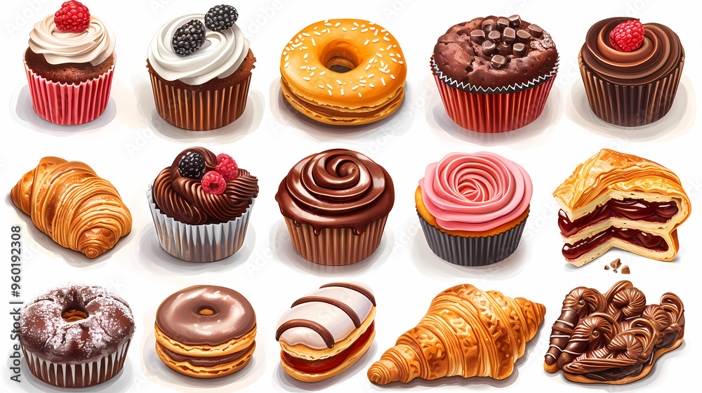 Various of sweets and desserts set and collection. chocolate cake, cupcakes, red velvet cake, apple pie, macarons, pretzel, donut, pastries, muffin, cookies, croissant. Bakery sweets isolated on white Various of sweets and desserts set and collection. chocolate cake, cupcakes, red velvet cake, apple pie, macarons, pretzel, donut, pastries, muffin, cookies, croissant. Bakery sweets isolated on white