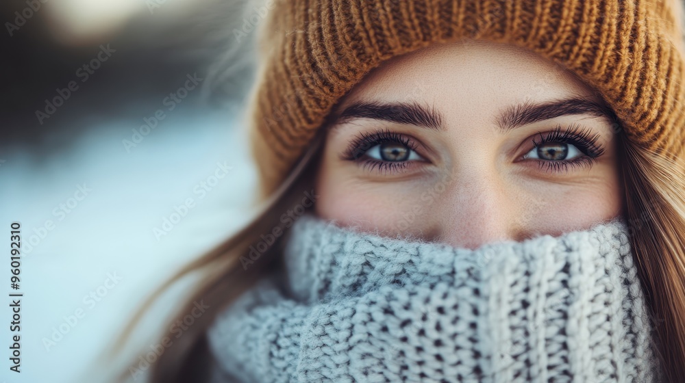 Image of a woman wearing a beanie, facing the snowy outdoor landscape. The image captures the cold, serene beauty of winter while focusing on her cozy knitwear. Image of a woman wearing a beanie, facing the snowy outdoor landscape. The image captures the cold, serene beauty of winter while focusing on her cozy knitwear.