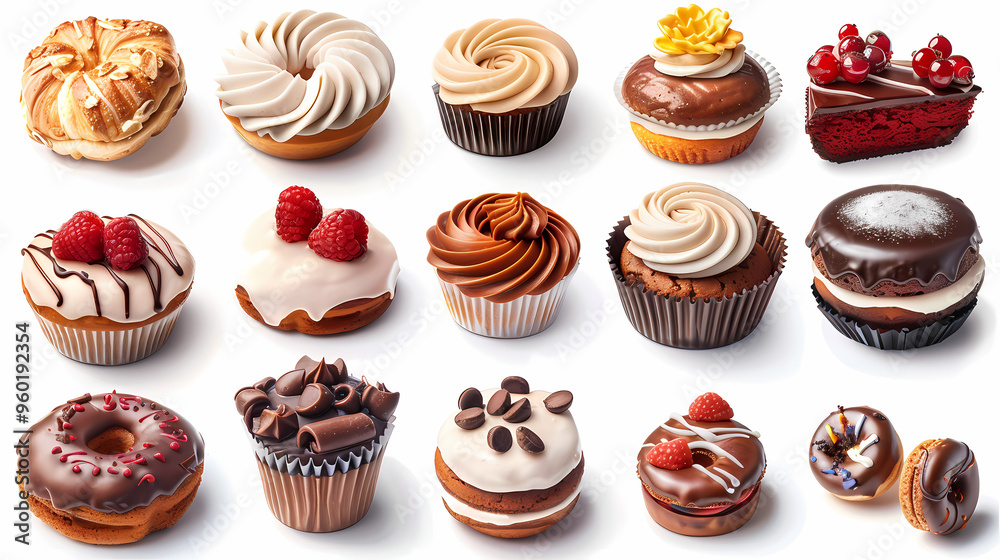 Various of sweets and desserts set and collection. chocolate cake, cupcakes, red velvet cake, apple pie, macarons, pretzel, donut, pastries, muffin, cookies, croissant. Bakery sweets isolated on white Various of sweets and desserts set and collection. chocolate cake, cupcakes, red velvet cake, apple pie, macarons, pretzel, donut, pastries, muffin, cookies, croissant. Bakery sweets isolated on white