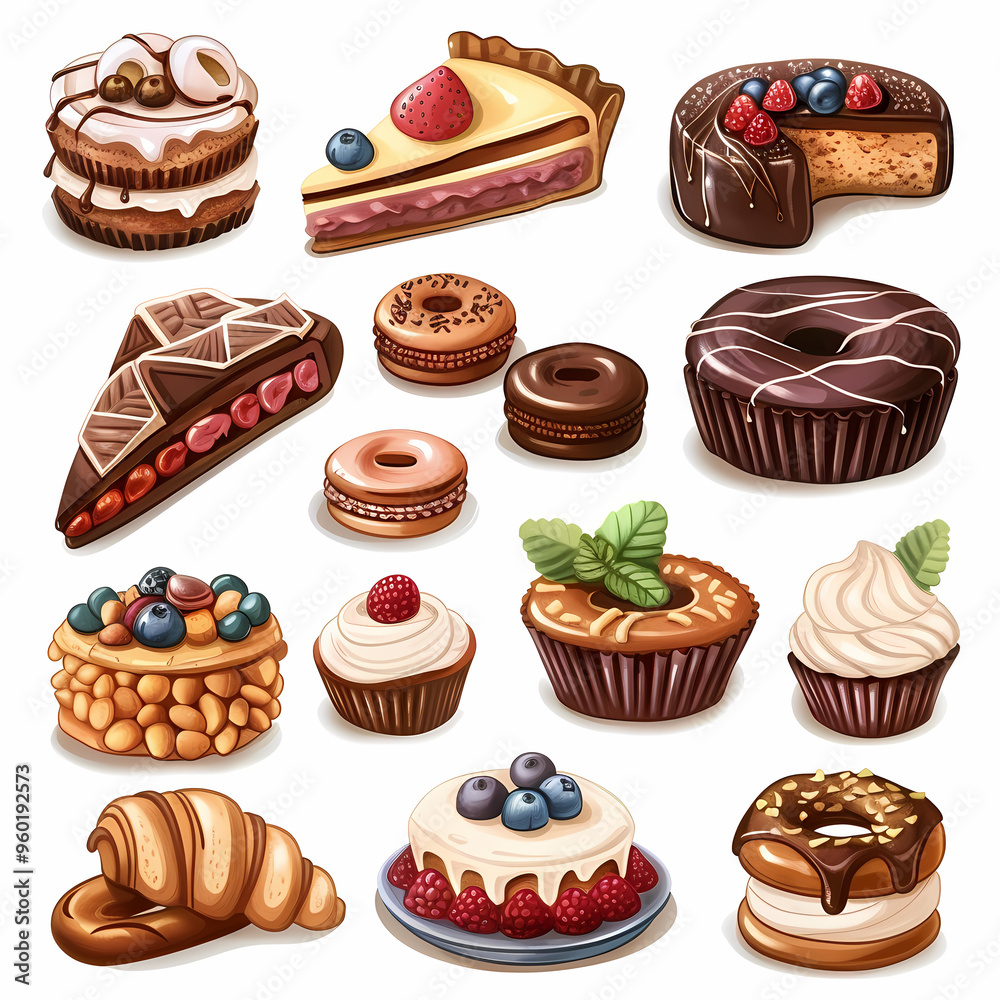 Various of sweets and desserts set and collection. chocolate cake, cupcakes, red velvet cake, apple pie, macarons, pretzel, donut, pastries, muffin, cookies, croissant. Bakery sweets isolated on white Various of sweets and desserts set and collection. chocolate cake, cupcakes, red velvet cake, apple pie, macarons, pretzel, donut, pastries, muffin, cookies, croissant. Bakery sweets isolated on white