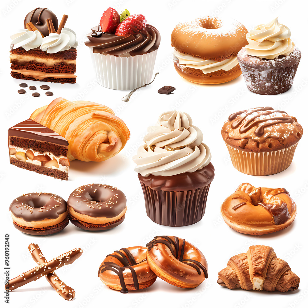 Various of sweets and desserts set and collection. chocolate cake, cupcakes, red velvet cake, apple pie, macarons, pretzel, donut, pastries, muffin, cookies, croissant. Bakery sweets isolated on white Various of sweets and desserts set and collection. chocolate cake, cupcakes, red velvet cake, apple pie, macarons, pretzel, donut, pastries, muffin, cookies, croissant. Bakery sweets isolated on white