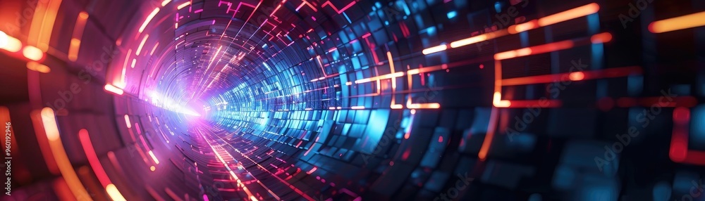 A vibrant digital tunnel with beams of colorful light, conveying a sense of motion and depth in a futuristic landscape. A vibrant digital tunnel with beams of colorful light, conveying a sense of motion and depth in a futuristic landscape.