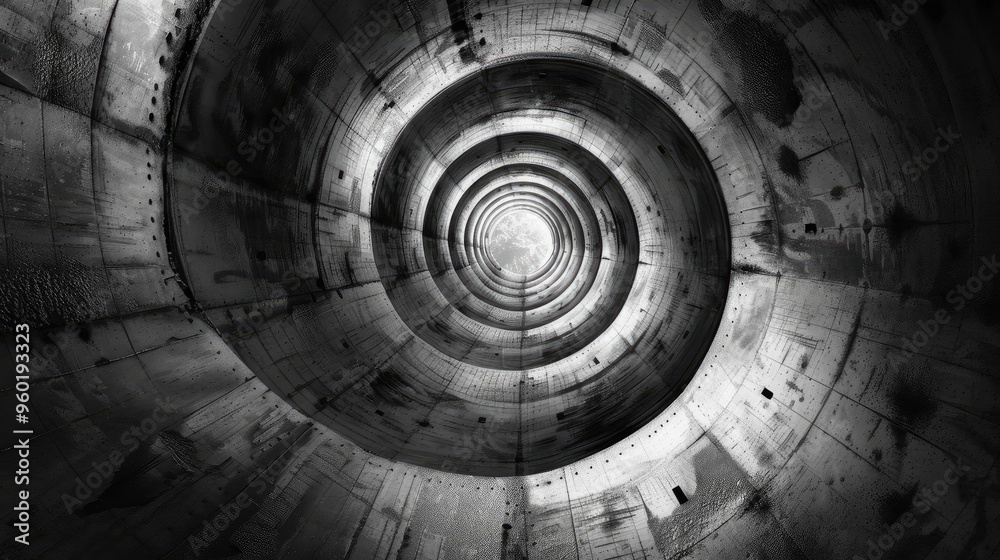 A captivating view of a spiral tunnel showcasing textured concrete and dynamic lines in monochrome tones. A captivating view of a spiral tunnel showcasing textured concrete and dynamic lines in monochrome tones.