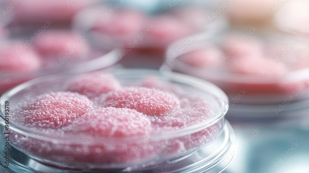 The image displays several petri dishes containing pink, sponge-like clusters, indicative of a scientific setting involving biological research or experiments. The image displays several petri dishes containing pink, sponge-like clusters, indicative of a scientific setting involving biological research or experiments.
