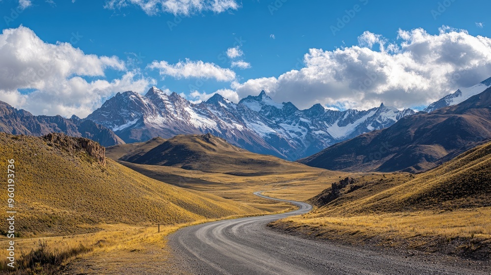 A winding road through a mountainous landscape under a blue sky with scattered clouds. A winding road through a mountainous landscape under a blue sky with scattered clouds.