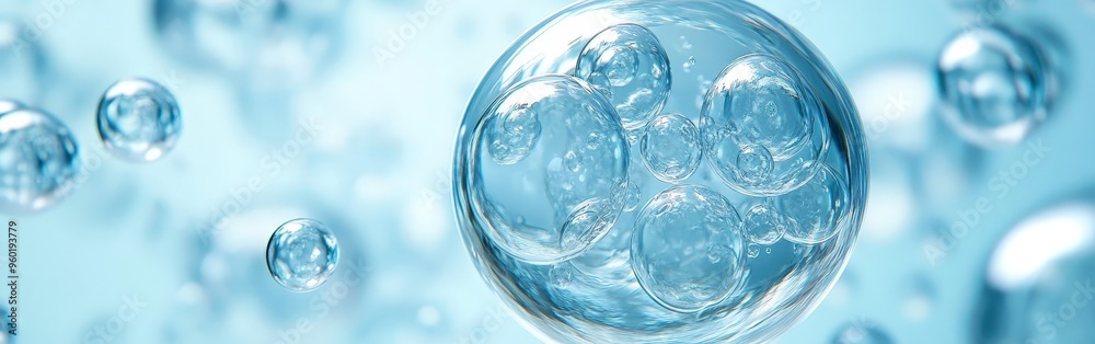 Floating Bubble with Molecules on Soft Blue Background Floating Bubble with Molecules on Soft Blue Background