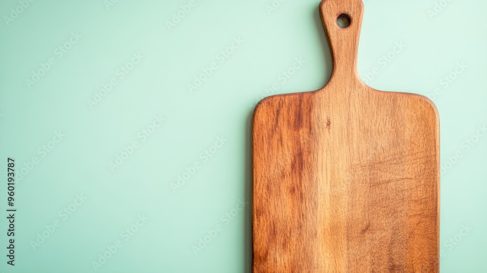 A wooden cutting board on a light green background, ideal for food preparation.