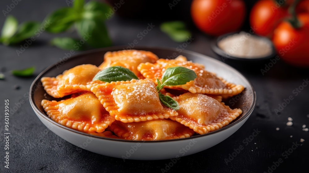 Savor the sight of delicious ravioli pasta meticulously arranged in a bowl, garnished with fresh basil leaves and sprinkled with cheese, ready to be enjoyed. Savor the sight of delicious ravioli pasta meticulously arranged in a bowl, garnished with fresh basil leaves and sprinkled with cheese, ready to be enjoyed.